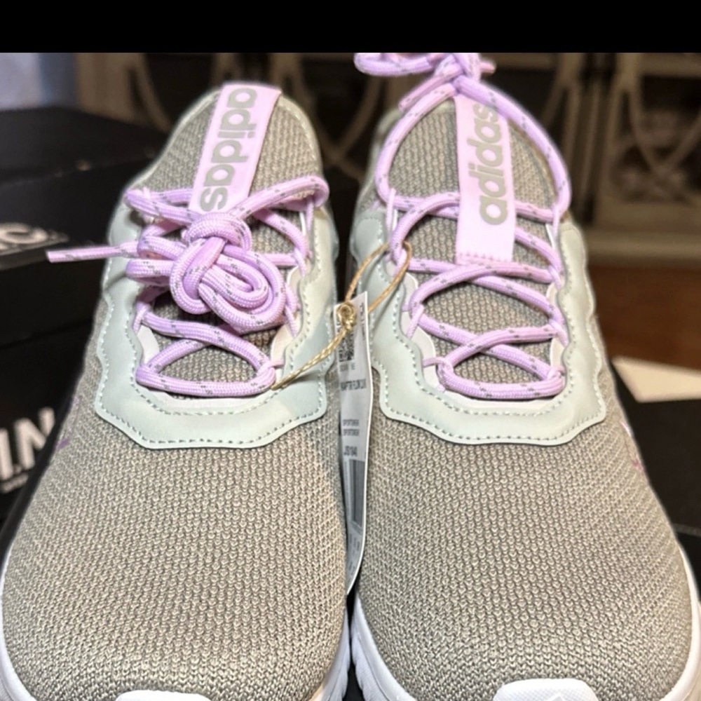 Adidas Gray Knit Sneakers with Lavender Laces